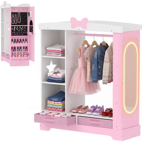 AIYAPLAY Kids Wardrobe, Children Dress Up Storage with Lighted Mirror, Pink (1/5)