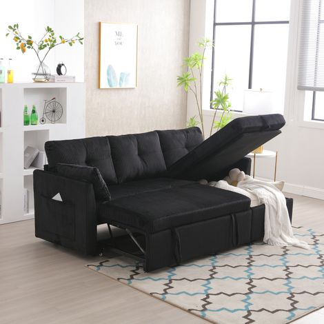 Modulares Eckschlafsofa aus schwarzem Cord mit Stauraum und Ausziehbett, 206 x 108 x 66 cm (1/5)