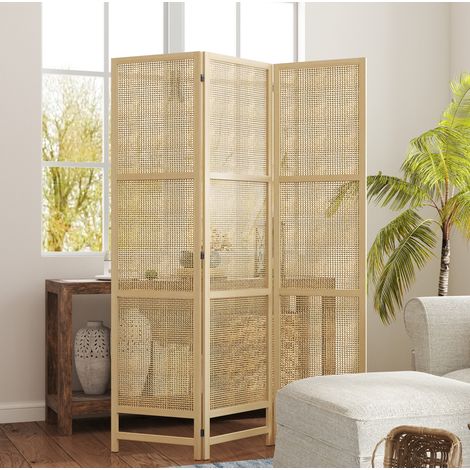 Paravent 3 panneaux 135 x 180 cm pliable, en rotin PP et bois de pin, naturel OKMYHOME (1/5)