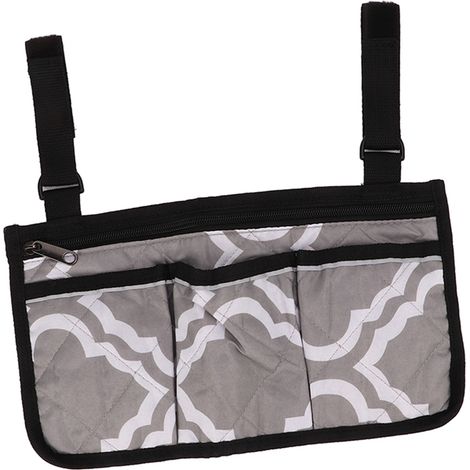 Sacoche latérale de rangement pour fauteuil roulant, multipoches, pochette d'accoudoir, accessoires pour fauteuil roulant avec bandes réfléchissantes, motif gris (1/5)