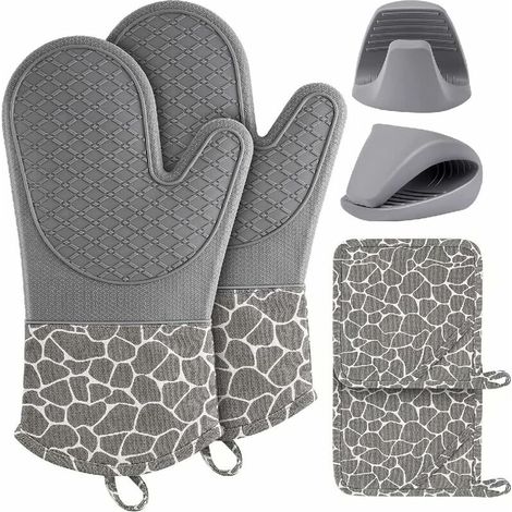 Hitzebeständige, rutschfeste Silikonhandschuhe, 2 Ofenhandschuhe, 2 Handclips zum Kochen, für Backofen, Mikrowelle, Grill und Backen (Grau)