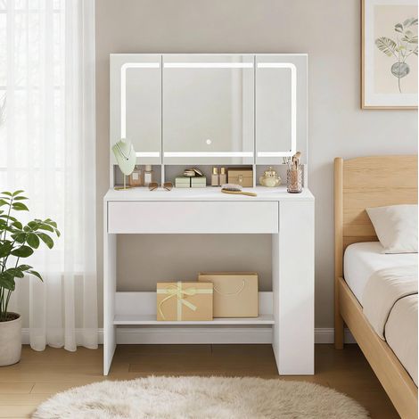 Tocador con espejo LED regulable y almacenaje 90 cm OKMYHOME (1/5)