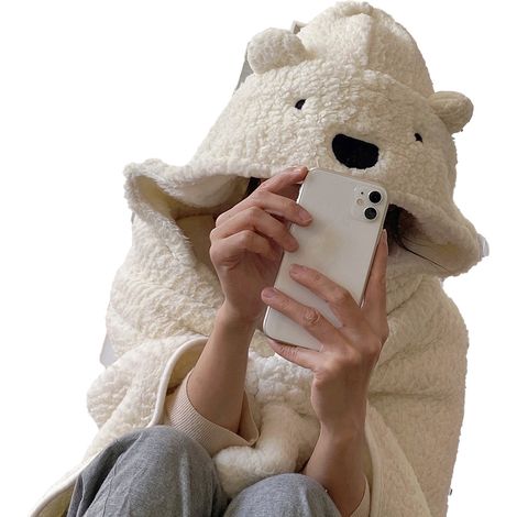 Couverture Polaire Chaude avec Capuche pour Enfants et Adultes, Plaid Portable Doux et Épais, Blanc, 120x123cm (1/5)