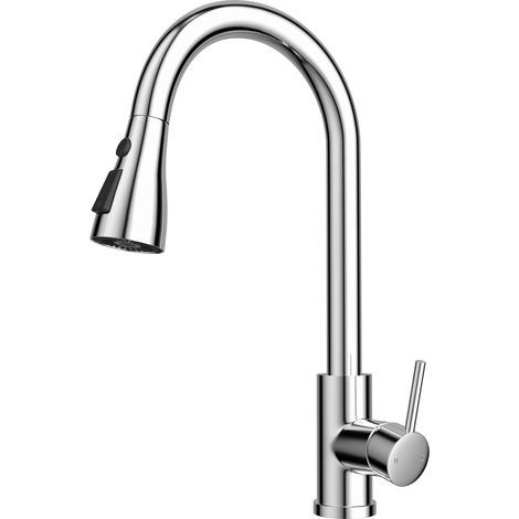 Polished chrome kitchen faucet, 360° swivel, three spray functions, kitchen faucet with pull-out spray head, hot and cold water mixer (1/5)