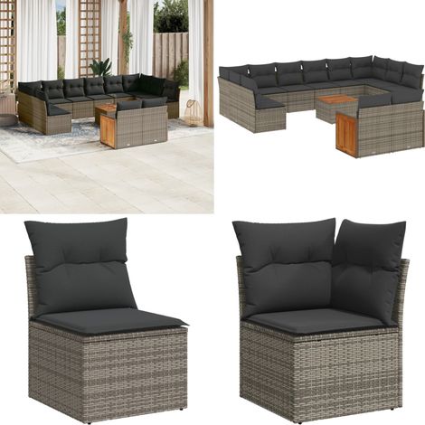 Salon de jardin avec coussins 13 pcs gris résine tressée - Ensemble Salon De Jardin - Meuble Extérieur - Salon De Jardin Pliable - Set Salon De Jardin - Fauteuil De Jardin - Home & Living (1/5)