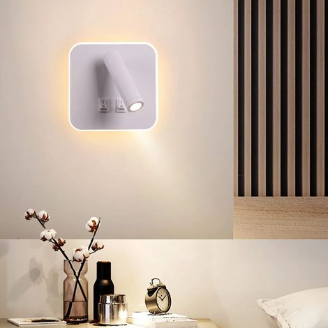 Feux de chevet LED Lampe murale hotel intérieur Lumières mural lit Lampe murale couloir avec interrupteur Noir 3W + 10W,3000K blanc chaud (Carré Blanc) (1/5)