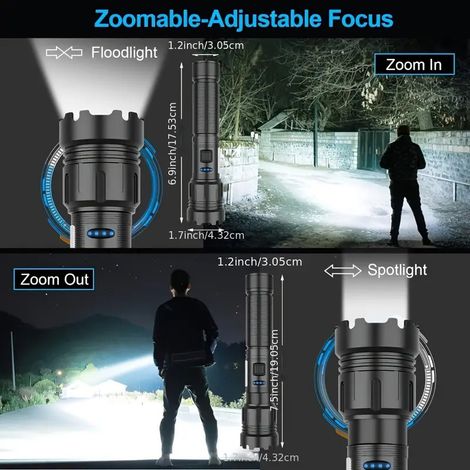 Lampe de poche LED ultra puissante - 1000000 Lumens Rechargeable Pocket Light IPX7 Imperméable 7 Modes d'éclairage avec lumière (1/5)