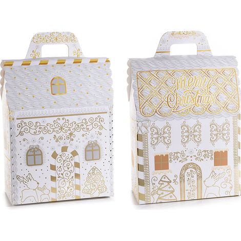 Scatole natalizie a casetta di Natale in carta con decorazioni simil oro lucido, set da 10 pezzi, cm 18x10x24 H (con manico 29)