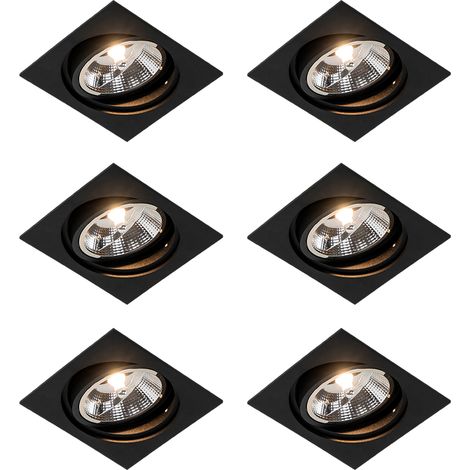 QAZQA Juego de 6 focos empotrables cuadrados orientables negros - Chuck 111 Aluminio Adecuado para LED Max. 1 x 50 Watt