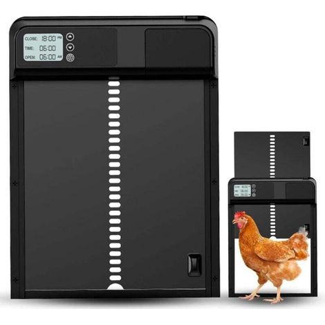 Porte de poulailler automatique, porte de cage à poules en aluminium avec minuterie, mécanisme de protection et affichage LED, ouvre-porte de poulailler automatique alimenté par piles (1/4)