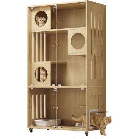 Gabbia per gatti 90 x 50 x 166 cm in MDF e vetro naturale con serratura e ruote - CHICFURN (1/5)