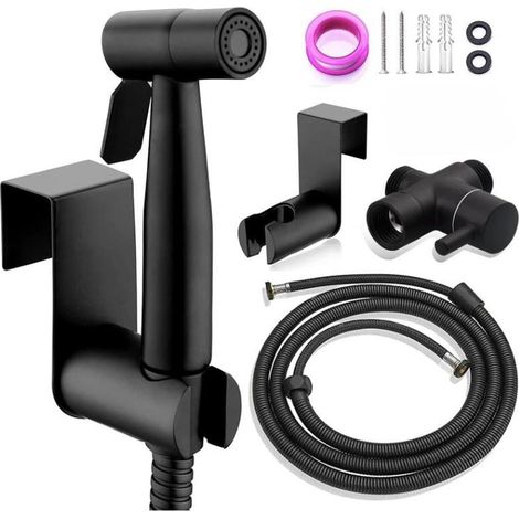 Douchette WC bidet, pulvérisateur toilette double jet, kit hygiène intime noir, installation facile, accessoire salle de bain, nettoyage efficace. (1/5)