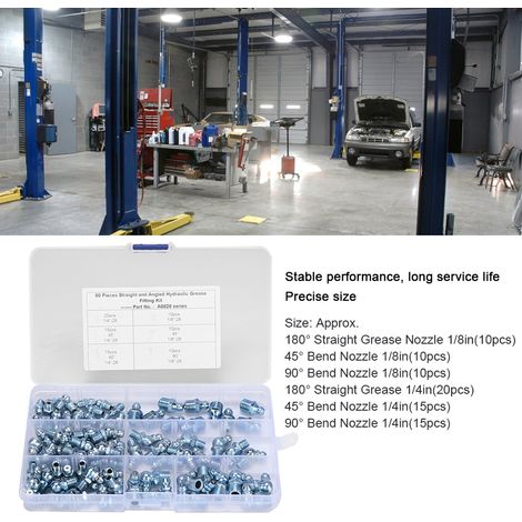 Lot de 80 graisseurs coudés droits Zerk 1/8 po-28 45° en fer galvanisé bleu zinc, buse hexagonale (1/5)