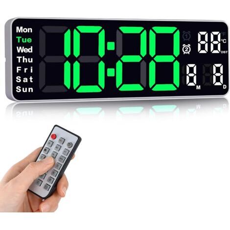 Horloges murales numériques, horloge murale avec date, horloges murales modernes pour salon, horloges murales silencieuses pour chambres à coucher avec télécommande (blanc, 13") (1/5)