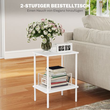 Table basse design 2 niveaux avec espace de stockage et cadre en métal, blanc, parfaite pour séjour ou chambre. (1/4)