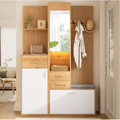 Mueble zapatero de entrada 120 x 32 x 178 cm con LED App, blanco y natural OKMYHOME (1/5)