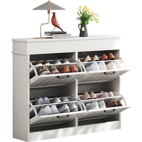 Meuble à chaussures blanc 105cm,Avec 4 portes & 8 compartiments & Étager réglables,En MDF,Charge 30 kg–Pour entrée/couloir (1/5)