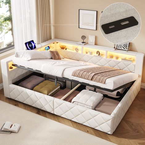 Lit banquette coffre 140 x 200 cm avec rangement hydraulique et éclairage LED, velours beige, sans matelas (1/5)