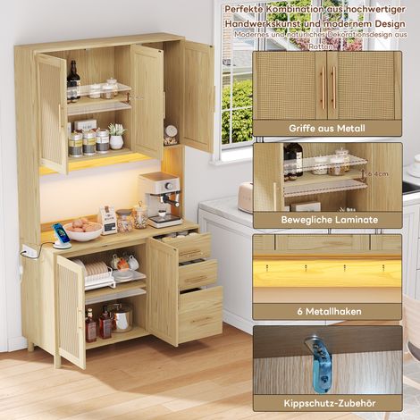 Buffet cuisine 183 cm, console lumineuse LED pilotable via appli, 2 ports USB, 2 prises, étagères ajustables, 3 tiroirs, poignées dorées en métal, parfait pour cuisine et salle à manger.