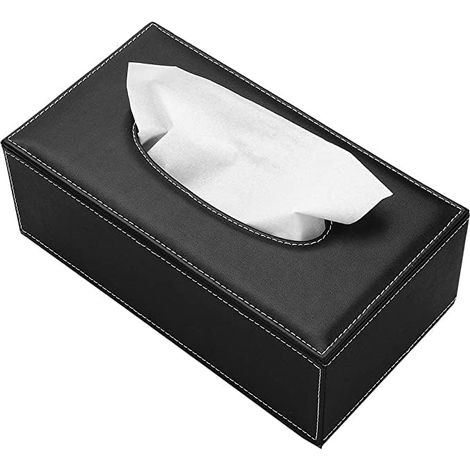 Caja rectangular de piel para pañuelos de papel, 23,5 x 12,5 x 8,5 cm, color negro. Servilletero para oficina o hogar.