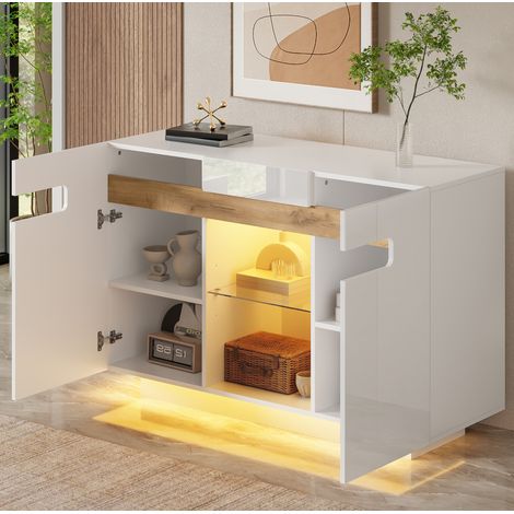 Sideboard 120/40/80 cm in Weiß und Holzoptik mit LED und Glasablagen (1/5)