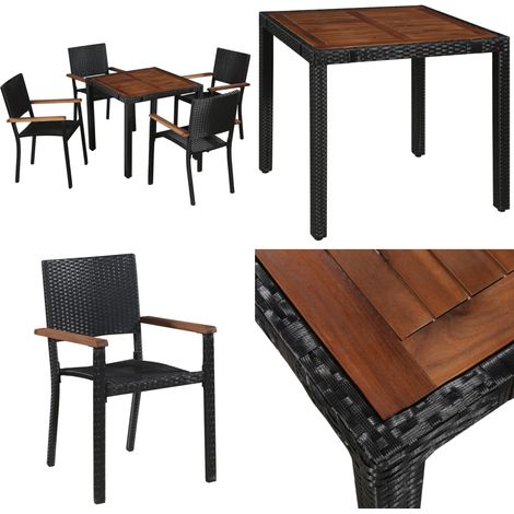 5-tlg. Garten-Essgruppe Poly Rattan Akazie Massivholz Schwarz - Gartenmöbel - Essgruppe - Outdoor-Möbel - Rattan Gartenmöbel - Balkonmöbel - Home & Living (1/5)