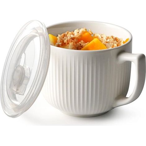 Bol à soupe avec poignées - Compatible micro-ondes - Avec couvercle - 900 ml - Pour nouilles et bouillie - Blanc (1/5)