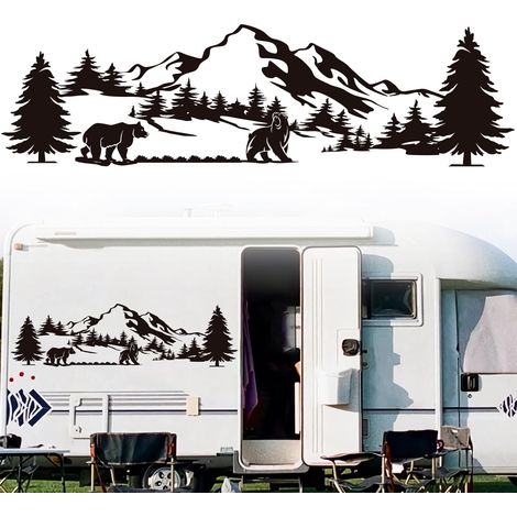 Autocollant Voiture Stickers Ours, Noir Autocollant Montagne Voiture, Sticker Camping Car Exterieur, Montagnes Autocollants pour Camion, Caravane, Van, 100 x 28 cm (1/5)