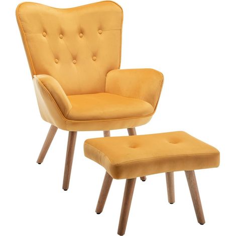 Ohrensessel mit Hocker, Samt, Gelb, Relaxsessel mit Armlehnen (1/5)