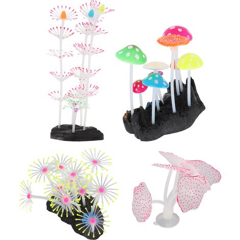 Lot de 5 décorations lumineuses en silicone imitant des champignons et des coraux pour aquarium. (1/5)