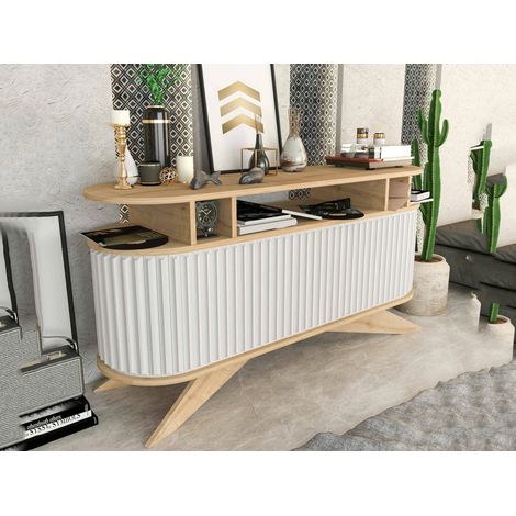 Dmora - Kommode Zaurak, Wohnzimmerbuffet, Wohnzimmer-Sideboard, Moderne Küchen-Speisekammer, 150x43h75 cm, Eiche und Weiß, mit verstärkter Verpackung (1/5)