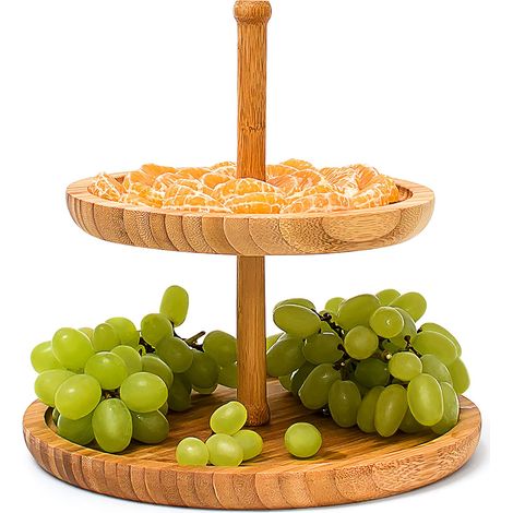 Présentoir étagère en bambou cuisine salle à manger 2 plateaux porte-fruits H:25 cm Ø: 25 cm rond, nature (1/5)