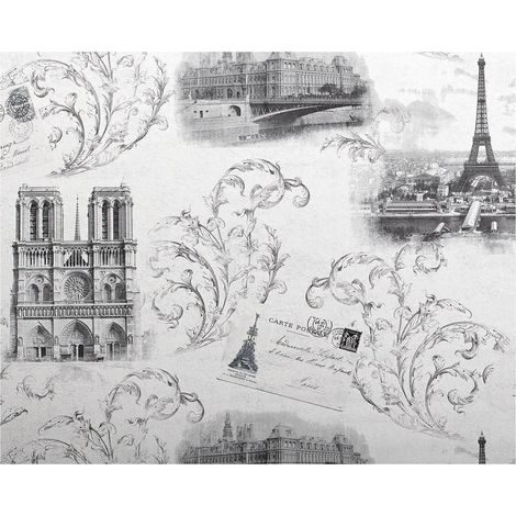 Papier peint romantique EDEM 9050-10 Paris Tour Eiffel Notre Dame Papier peint intissé gaufré shabby chic satiné blanc gris 10,65 m2 (1/5)