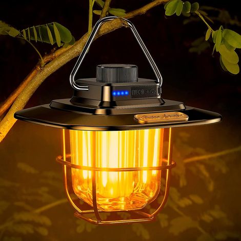 Lanterne de camping rétro LED rechargeable USB-C avec lumière naturelle chaude, intensité variable en continu, portable et longue durée d'utilisation. (1/5)