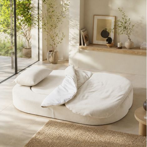 Divano Letto Pieghevole 3 in 1, Poltrona da Pavimento e Materasso, Rivestimento Sfoderabile, Flanella Bianco Sporco (1/5)