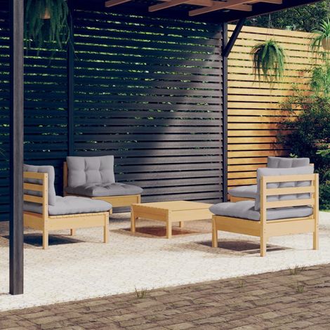 5-tlg. Garten-Lounge-Set mit Grauen Kissen Kiefernholz (1/5)
