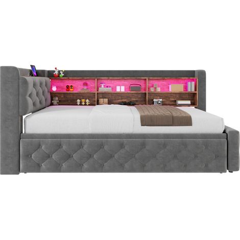 Canapé-lit 1 place 90x190 cm en velours gris foncé avec lit gigogne, accoudoir de rangement, tête de lit étagère, LED, USB et Type-C CHICFURN (1/5)