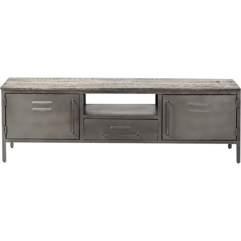 Made In Meubles – Meuble TV industriel en métal gris – Dimensions 47.5x150x40.5 cm – 2 portes casier vintage – Rangement organisé avec tiroir (1/5)