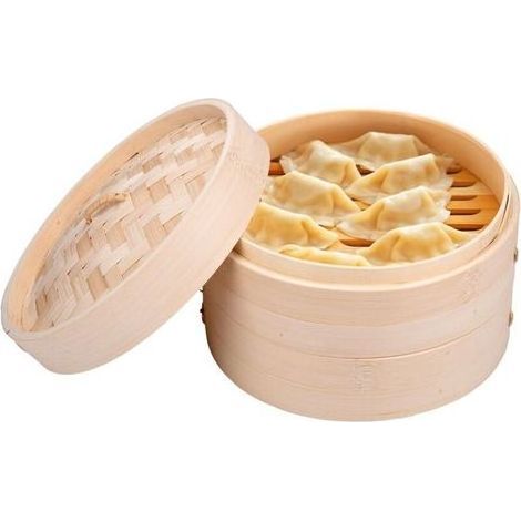 Panier Vapeur en Bambou - Panier Vapeur avec 2 Étages - 20 x 13,5 cm - 100% Bambou - Vapeur au-dessus d'une casserole - Adapté pour les boulettes, les légumes, le riz et plus - avec couvercle (1/3)