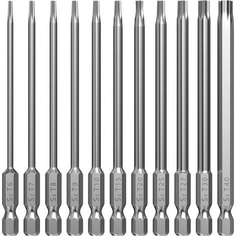 Set mit 11 extra langen, 100 mm langen Torx-Bits, magnetisch, für Sechskantschraubendreher, T6, T7, T8, T9, T10, T15, T20, T25, T27, T30, T40, 1/4"-Sechskantschaft. (1/4)