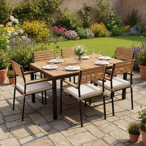 Juskys Akazienholz Gartengarnitur Rhodos - Tisch, 6 Stühle & Auflagen - Holz Gartenmöbel Set 7-teilig - Balkonmöbel -Outdoor Möbel Natur & Schwarz
