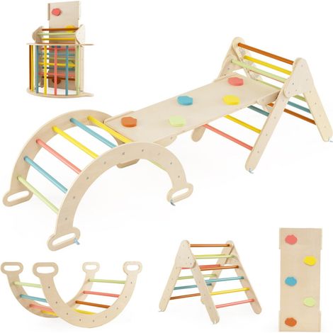 Juego de triángulo de escalada de madera 7 en 1 75 x 55 x 59 cm rampa reversible y segura juguete educativo en madera de haya diseño macaron 200009985