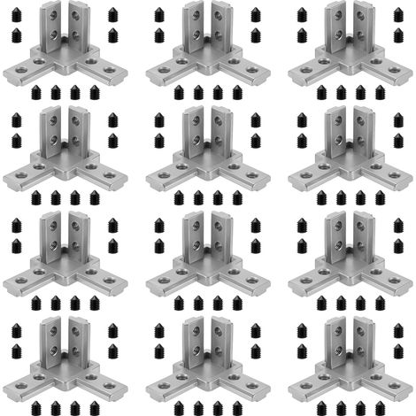 Connecteur d'Angle 3030 - Lot de 12 Pièces - Raccord à 3 Voies en Alliage de Zinc Argenté - Pour Profilé Aluminium 30x30 mm avec Rainure en T 8 mm (1/4)