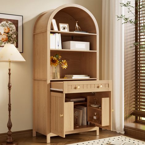 Armoire haute façade cintrée, meuble de rangement double porte avec étagères latérales pour épices, panneaux de particules et MDF, idéale cuisine et séjour, buffet colonne. (1/5)