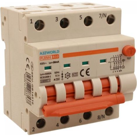 RCBO Interruttore Magnetotermico Differenziale Con Doppia Leva Tipo A Curva B 4P 4M 6000A 30mA, Diagnostica Visiva, B10A  AC 400V IP20 IEC61009-1 PL8M4 4P