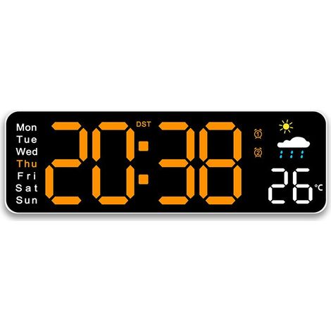 Horloge murale LED avec affichage de la température, alarme et calendrier perpétuel, style minimaliste moderne, pour salon. Lanterne orange en coquillage blanc. (1/5)