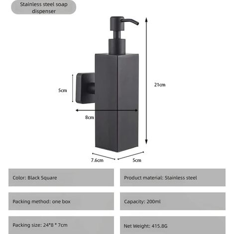 (Carré noir) Flacon de gel hydroalcoolique en acier inoxydable, distributeur de savon liquide, flacon de gel douche, flacon suspendu, flacon mural (1/5)