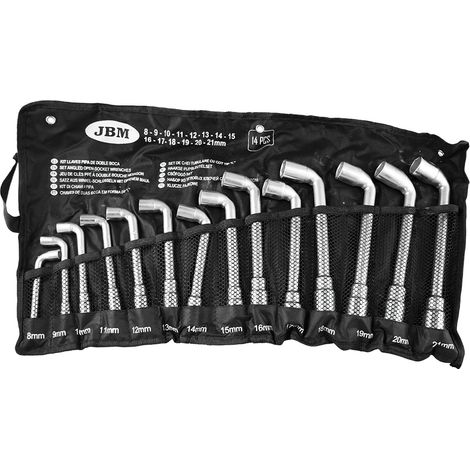 JBM – Lot de 14 clés à pipe débouchées 6 pans – Dimensions de 8 à 21 mm – Acier chrome-vanadium – Pochette nylon avec œillets