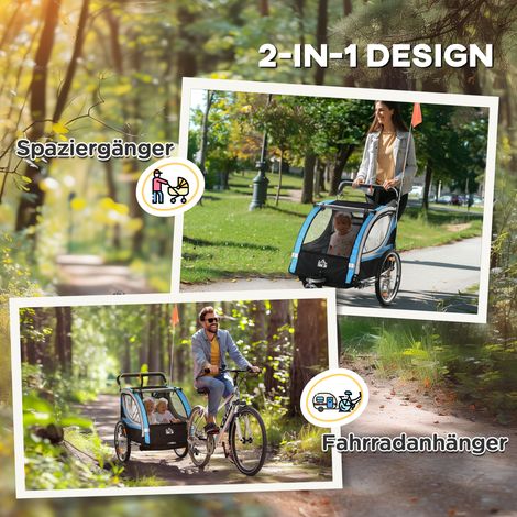 Remorque enfant universelle 5 points harnais sécurité, poussette vélo acier bleu 142x75x101 cm (1/4)