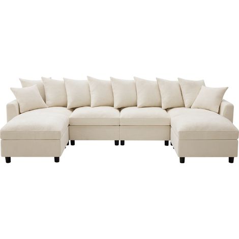 Divano angolare modulare U/L 6 posti in ciniglia beige con 2 pouf, USB e Type-C (1/5)
